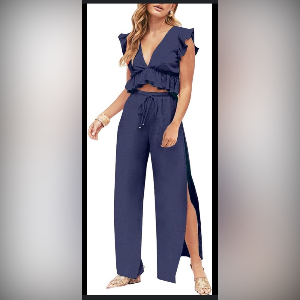NAVY Two Piece Outfits Elegant Crop Top Long Wide Leg Pants Jumpsuits